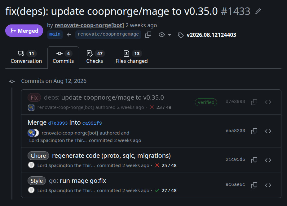A PR that fails until Lord Spacington commits two auto-fixes, then passes